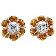 Vintage 12k Yellow Gold Floral .42ctw Diamond Stud Earrings