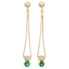 14k Yellow Gold Emerald and Diamond Geometric Drop Earrings