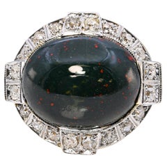 Vintage 9k Two Tone Gold Bloodstone Cabochon & Old Euro Cut Diamond Ring