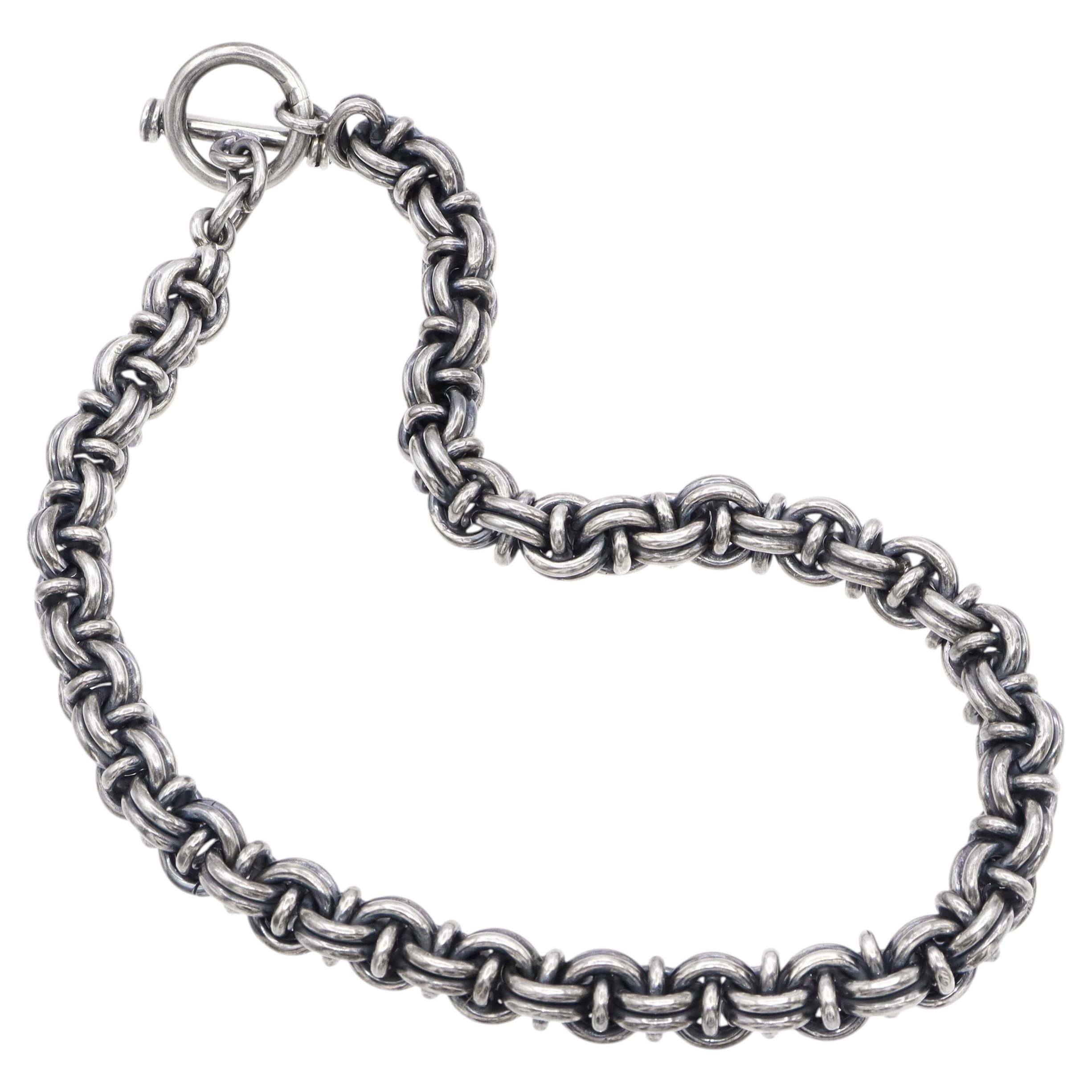 Vintage Sterling Silver Oxidized Byzantine Link Toggle Necklace For Sale