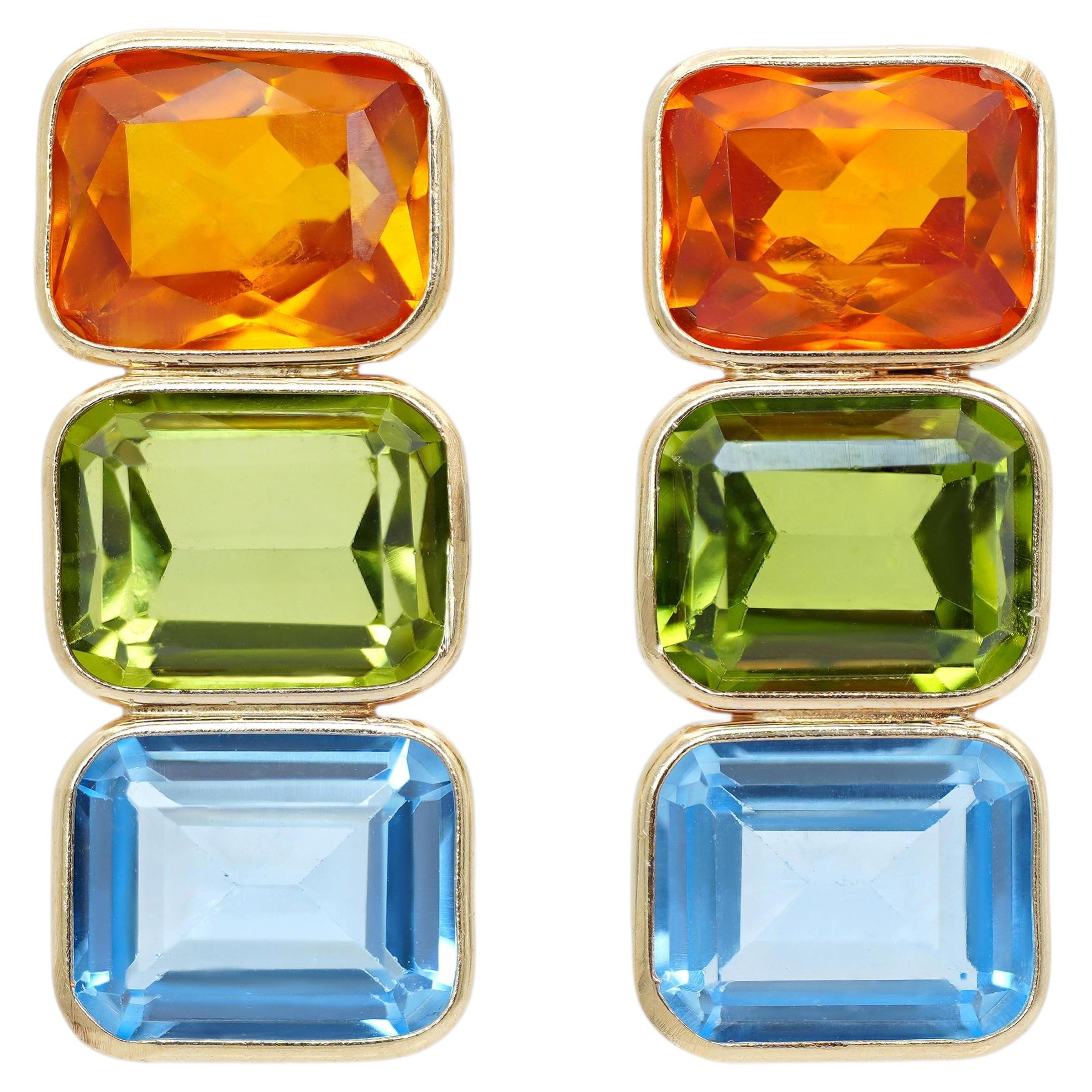 14k Yellow Gold Bezel Set Multi Gemstone Earrings For Sale