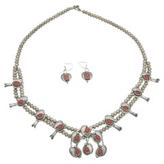 Vintage Navajo Red Coral Silver Squash Blossom Necklace and Earring Set
