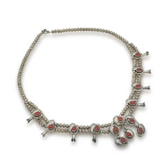 Vintage Navajo Red Coral Silver Squash Blossom Necklace and Earring Set