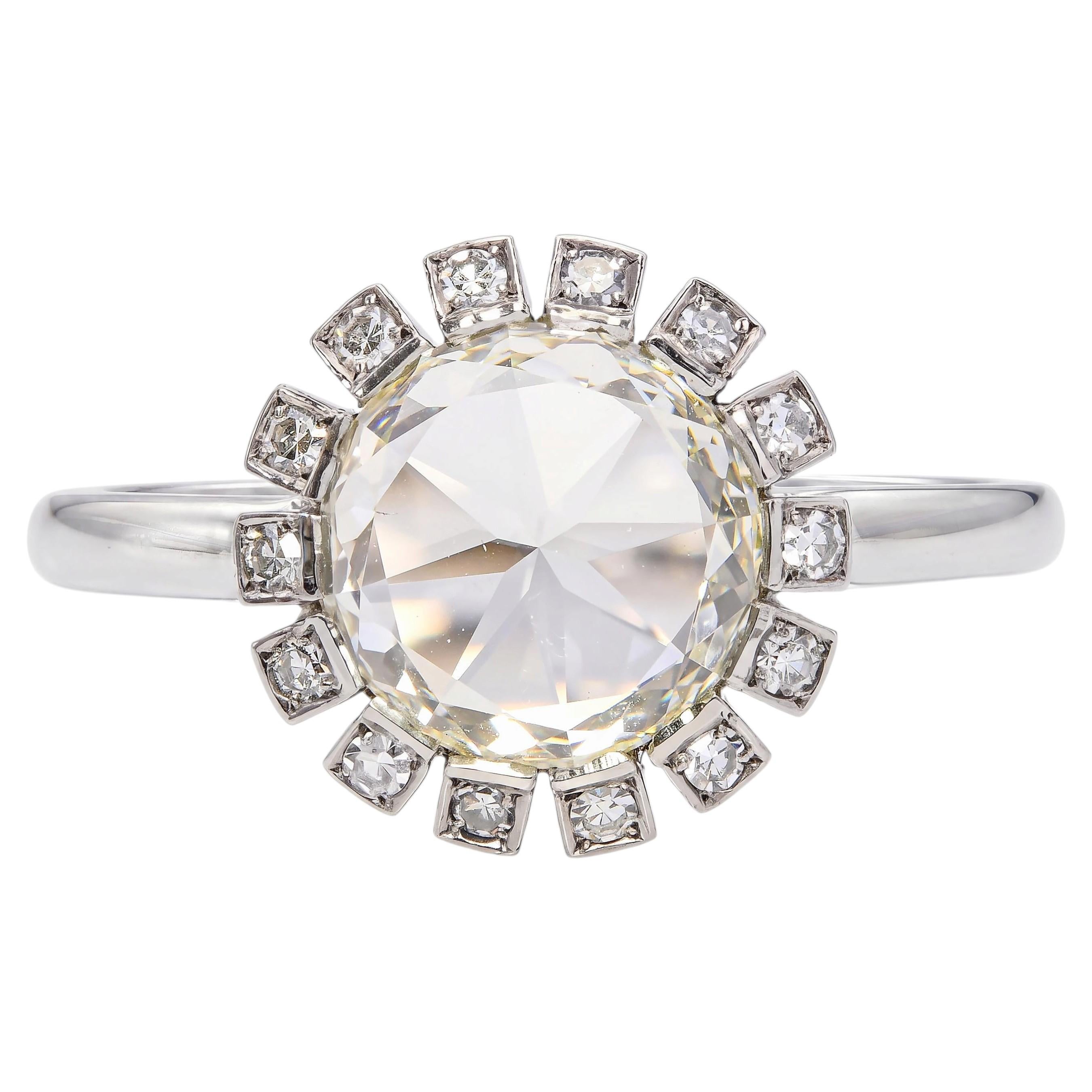 Vintage 18k White Gold GIA O-P IF 2.13ct Rose Cut Diamond Ring