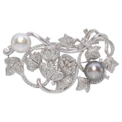 Large Platinum Pearl and 3.06ctw Diamond Floral Brooch