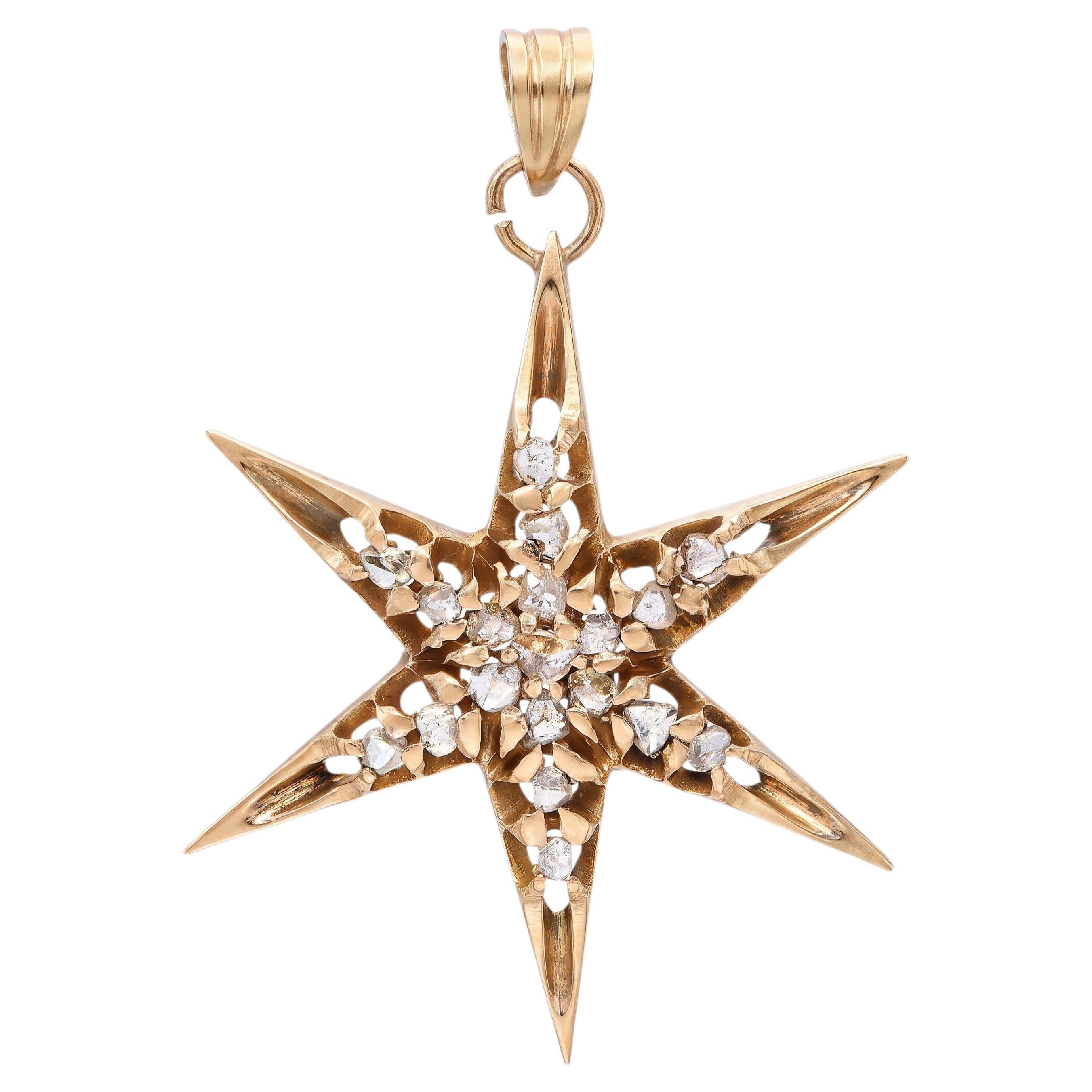 Victorian 9k Yellow Gold Polki Cut Diamond Star Pendant