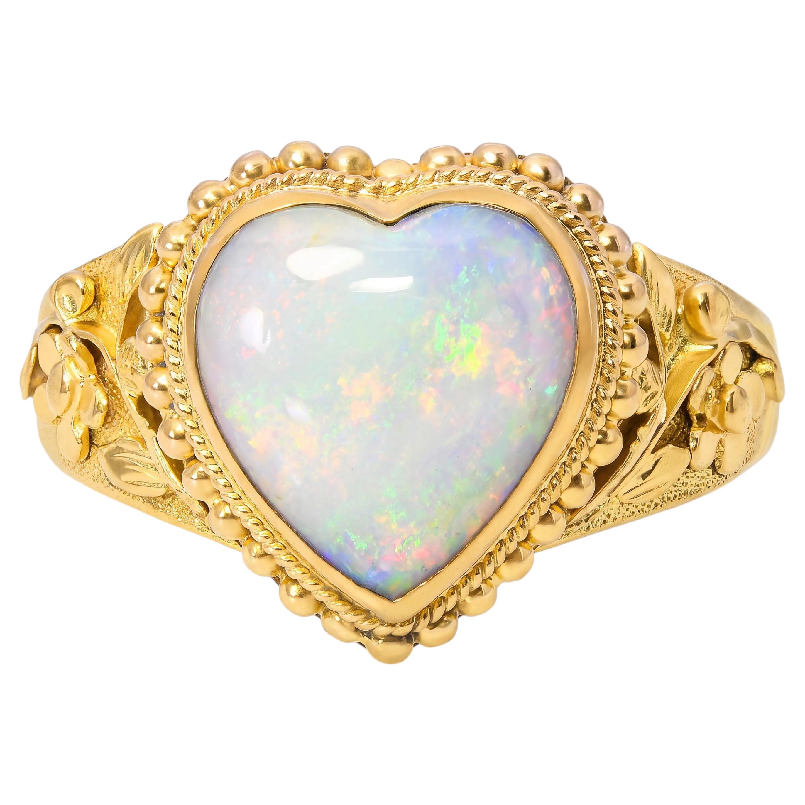 Vintage 24k Yellow Gold Australian Opal Heart Ring