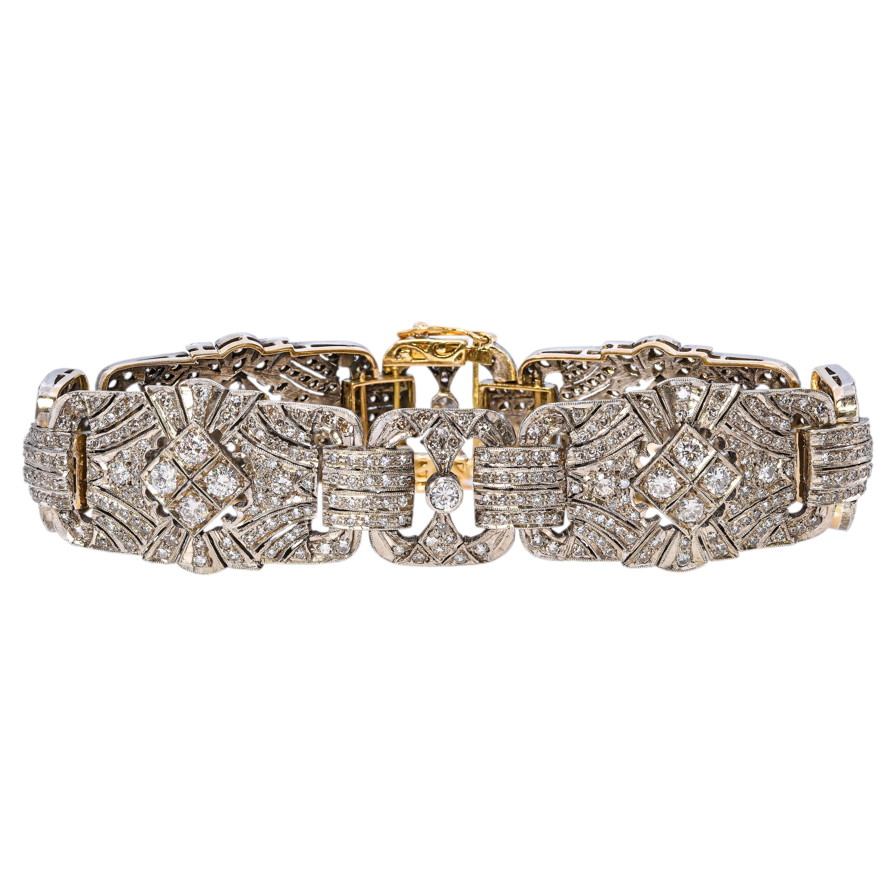 Vintage-Armband im Art-Déco-Stil aus 14-karätigem Gelbgold und Silber mit Diamanten (5,73 tcw)