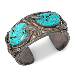 Vintage Sterling Silver Turquoise Leaf & Ropework Cuff