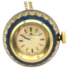 Vintage Bucherer Gold Tone Blue Enamel Pendant Watch Necklace