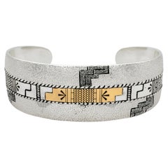 Vintage Roderick Tenorio Sterling Silver 14K Gold Geometric Cuff Bracelet
