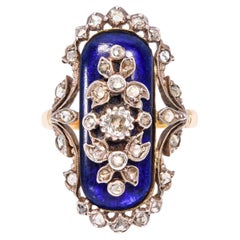 Bague victorienne ancienne en or jaune 18 carats, sertie d'émail bleu et de diamants, avec une monture en argent
