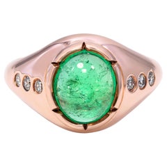 Vintage 14k Rose Gold Diamond and 1.54ct Emerald Cabochon Ring