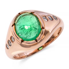 Vintage 14k Rose Gold Diamond and 1.54ct Emerald Cabochon Ring