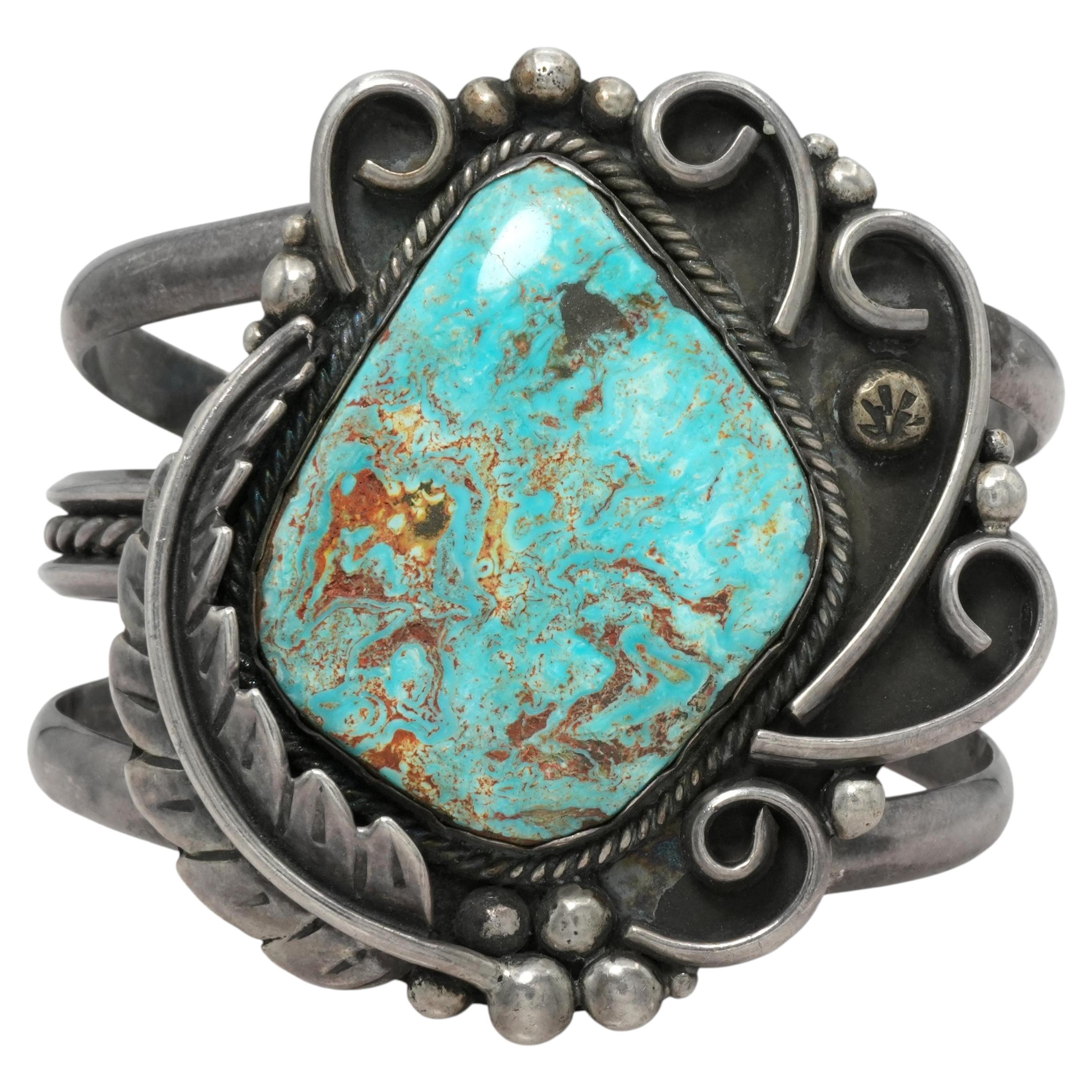 Vintage Sterling Silver Turquoise Statement Cuff Bracelet For Sale