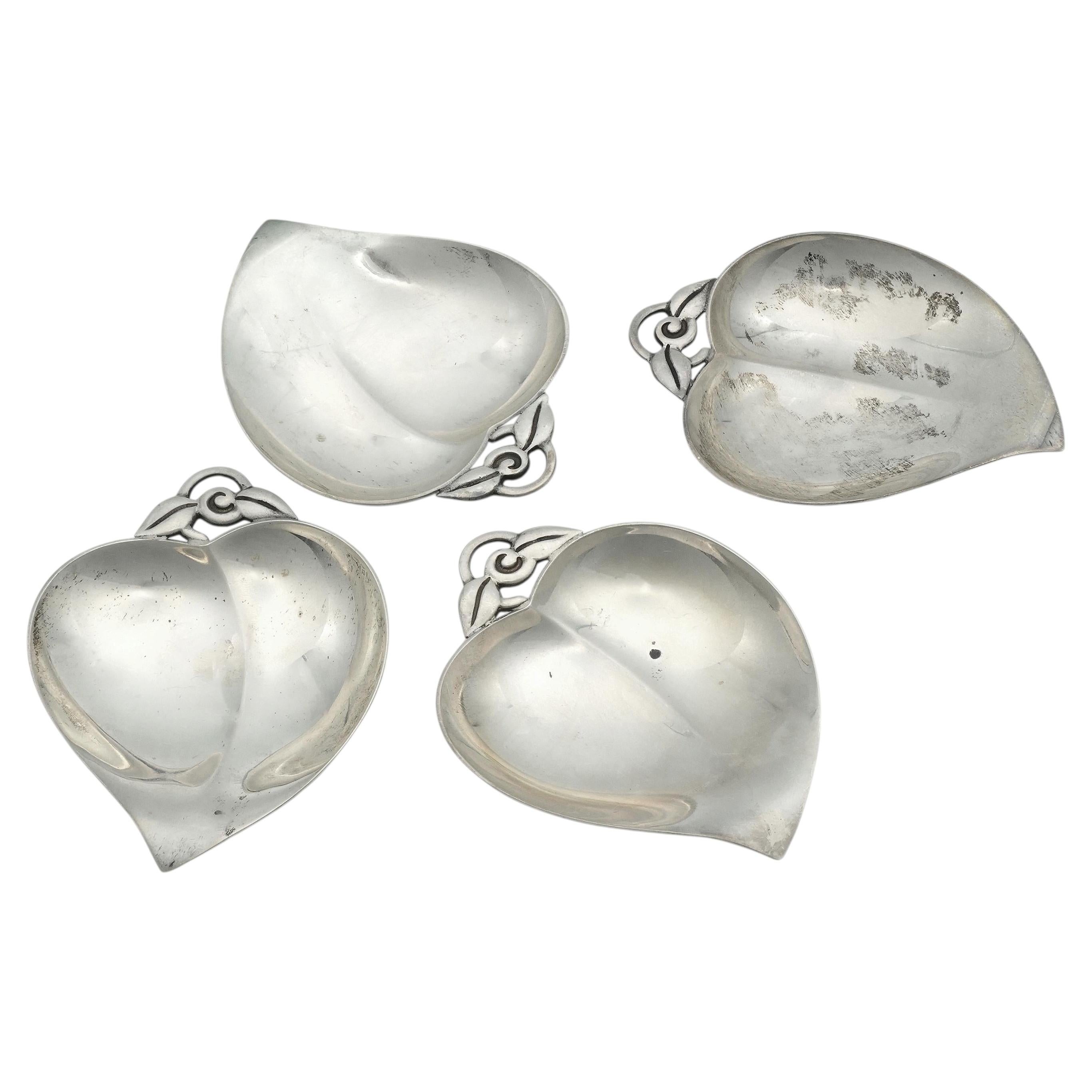 Vintage Tiffany & Co. Makers Sterling Silver Heart Leaf Dish Set of 4 For Sale