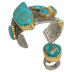 Vintage Southwestern Sterling Silver 18K Gold Turquoise Cuff Bracelet & Ring