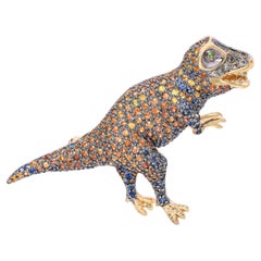 14k Yellow Gold Pave Sapphire and Diamond T-Rex Dinosaur Brooch