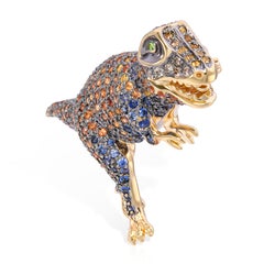 14k Yellow Gold Pave Sapphire and Diamond T-Rex Dinosaur Brooch
