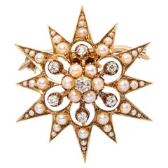 Antique 15k Yellow Gold Seed Pearl and Old Mine Diamond Starburst Brooch Pendant
