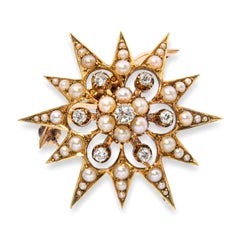 Antique 15k Yellow Gold Seed Pearl and Old Mine Diamond Starburst Brooch Pendant