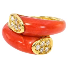Vintage 18k Yellow Gold Diamond and Red Coral Bypass Ring