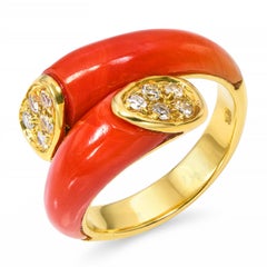 Vintage 18k Yellow Gold Diamond and Red Coral Bypass Ring