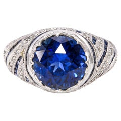Art Deco Platinum GIA Graded 3.85ct Deep Blue Sapphire and Diamond Ring