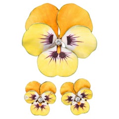Antique 14k Yellow Gold Enamel and Diamond Pansy Brooch and Earring Set