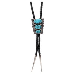 RB Signed Navajo Turquoise Sterling Silver Bolo Tie