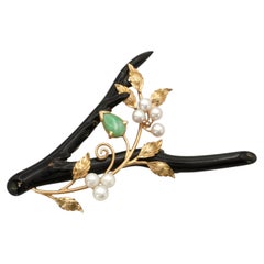 Vintage 14k Yellow Gold Black Coral Jade Pearl Branch Brooch