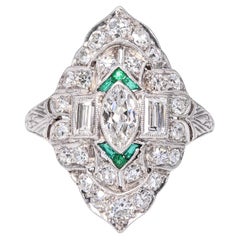 Art Deco Platinum Diamond and Emerald Accent Milgrain Ring