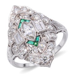 Art Deco Platinum Diamond and Emerald Accent Milgrain Ring