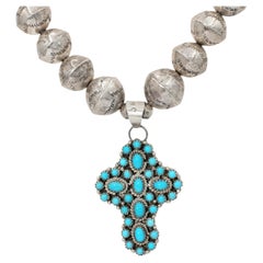 Vintage Southwestern Sterling Silver Turquoise Cross Pendant Necklace
