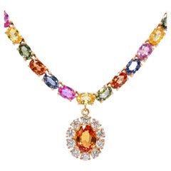 14k Yellow Gold 52.40ctw Multicolor Sapphire & Diamond Drop Tennis Necklace