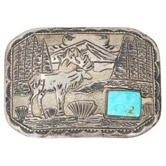 Navajo Sterling Silver Turquoise Elk Landscape Belt Buckle