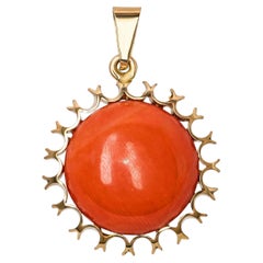 Vintage Victorian Revival 14k Yellow Gold Red Coral Sunburst Pendant
