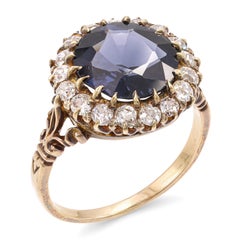 Antique Victorian 13k Yellow Gold 3.55ct Blue Spinel & Old Cut Diamond Ring
