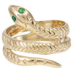 14k Yellow Gold Emerald Eye Coiled Snake Ring