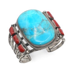 Vintage Running Bear Navajo Sterling Silver Turquoise Coral Cuff