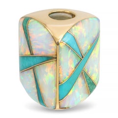 14k Yellow Gold Opal and Turquoise Inlay Sliding Bead Pendant