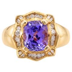 14k Yellow Gold 3.3ct Tanzanite and Diamond Statement Ring