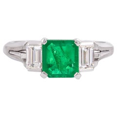 Vintage Platinum 0.90ct Emerald and Diamond Three Stone Ring