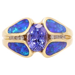 14k Yellow Gold Dark Opal Inlay Diamond and Tanzanite Ring