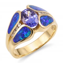 14k Yellow Gold Dark Opal Inlay Diamond and Tanzanite Ring