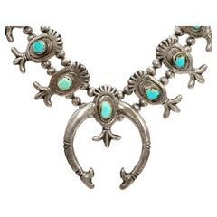 Vintage Southwestern Sterling Silver Turquoise Naja Squash Blossom Necklace