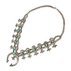 Vintage Southwestern Sterling Silver Turquoise Naja Squash Blossom Necklace