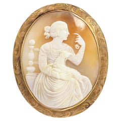 Antique Victorian 10k Yellow Gold Engraved Hebe Feeding Eagle Shell Cameo Brooch