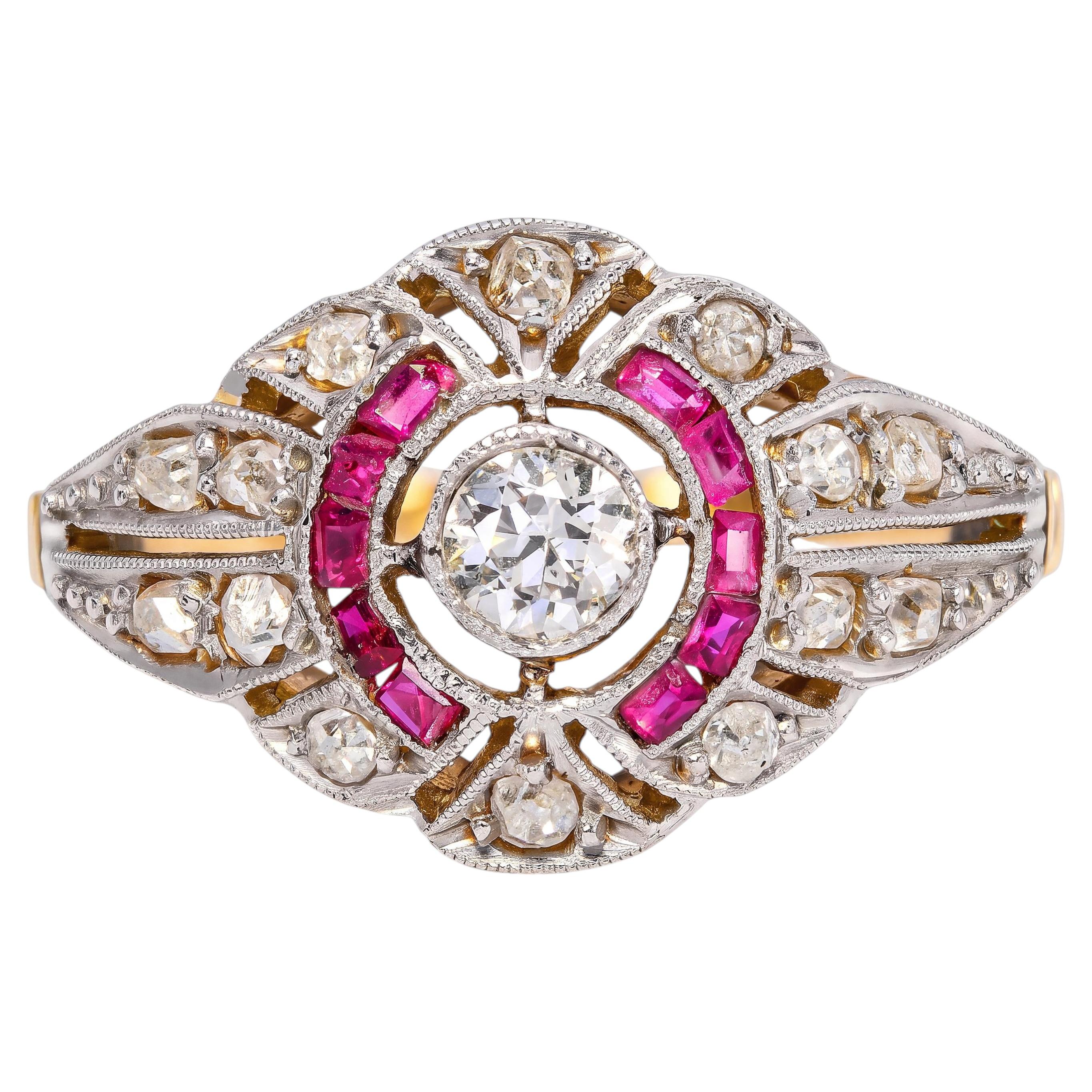 Edwardian Platinum Topped 18k Gold Diamond and Ruby Filigree Ring