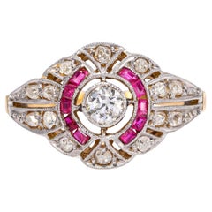 Edwardian Platinum Topped 18k Gold Diamond and Ruby Filigree Ring